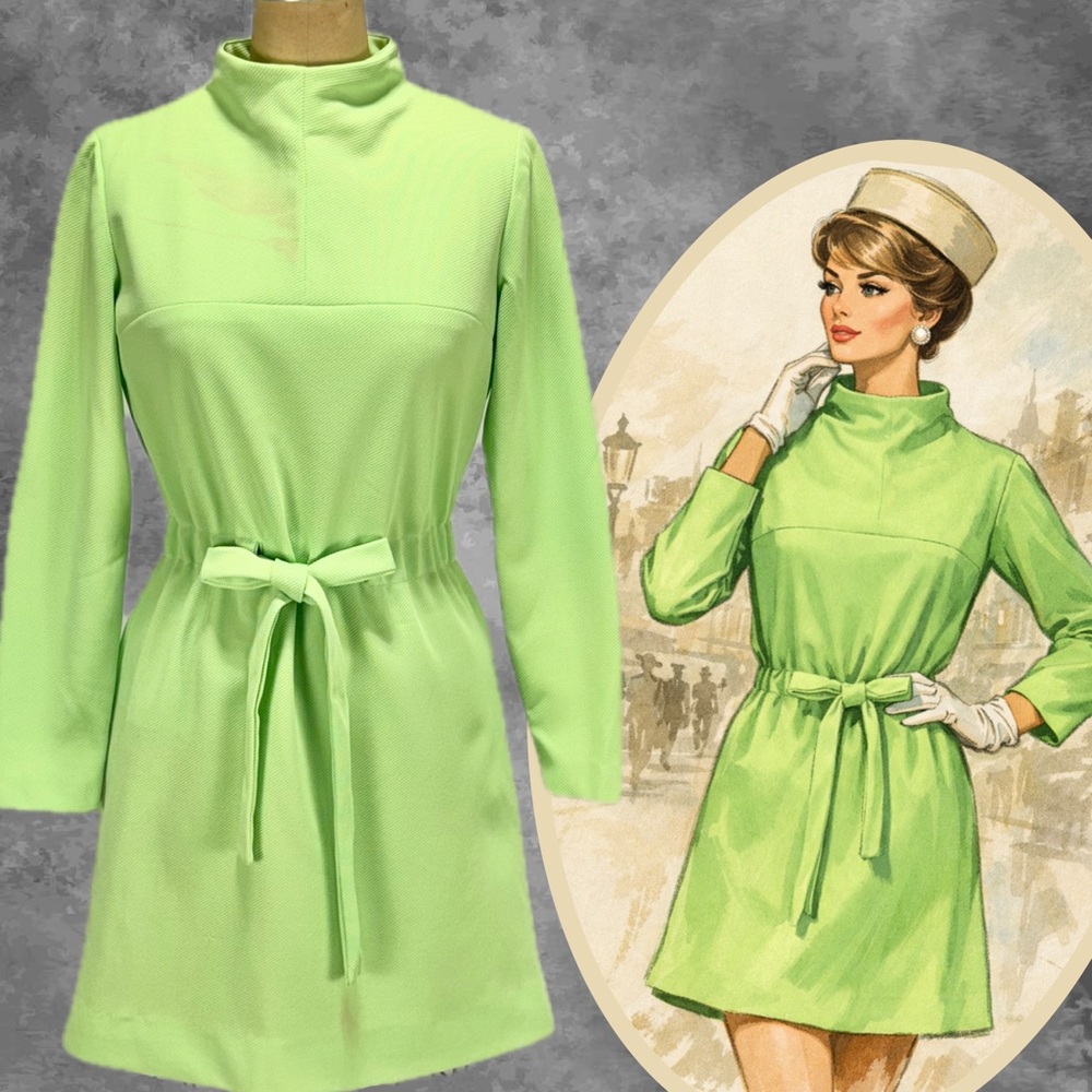 VINTAGE 60s mini dress lime green neon long sleeve drawstring waist polyester